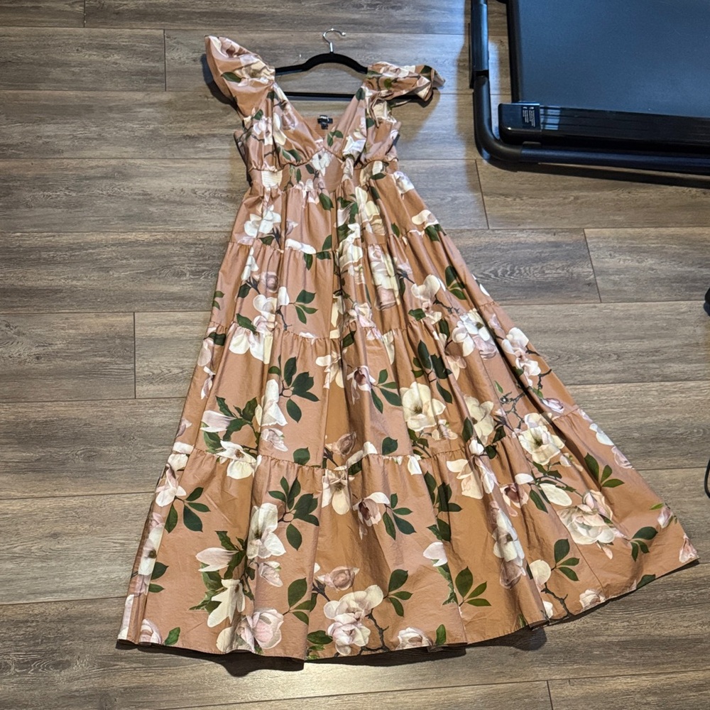 Express Floral Tiered Maxi Dress in Tan with White & Green
